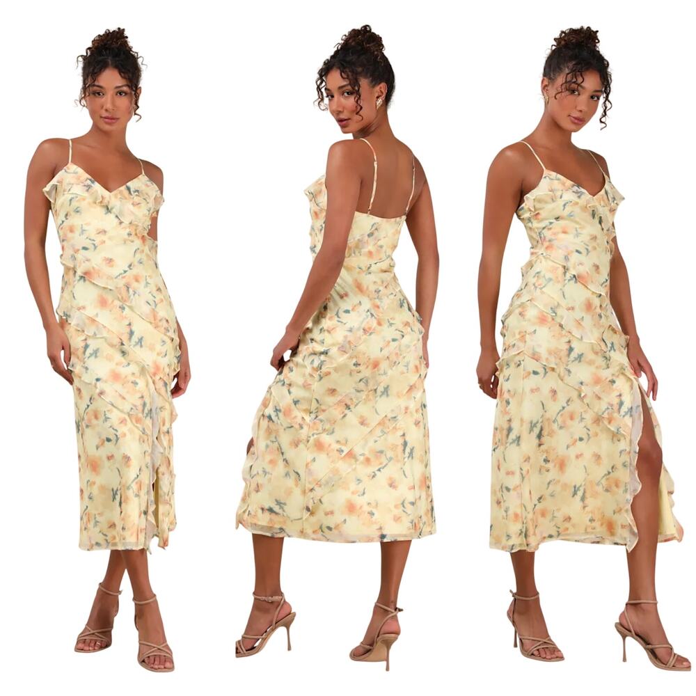 Lulu's Cream Floral Midi Slip Dress